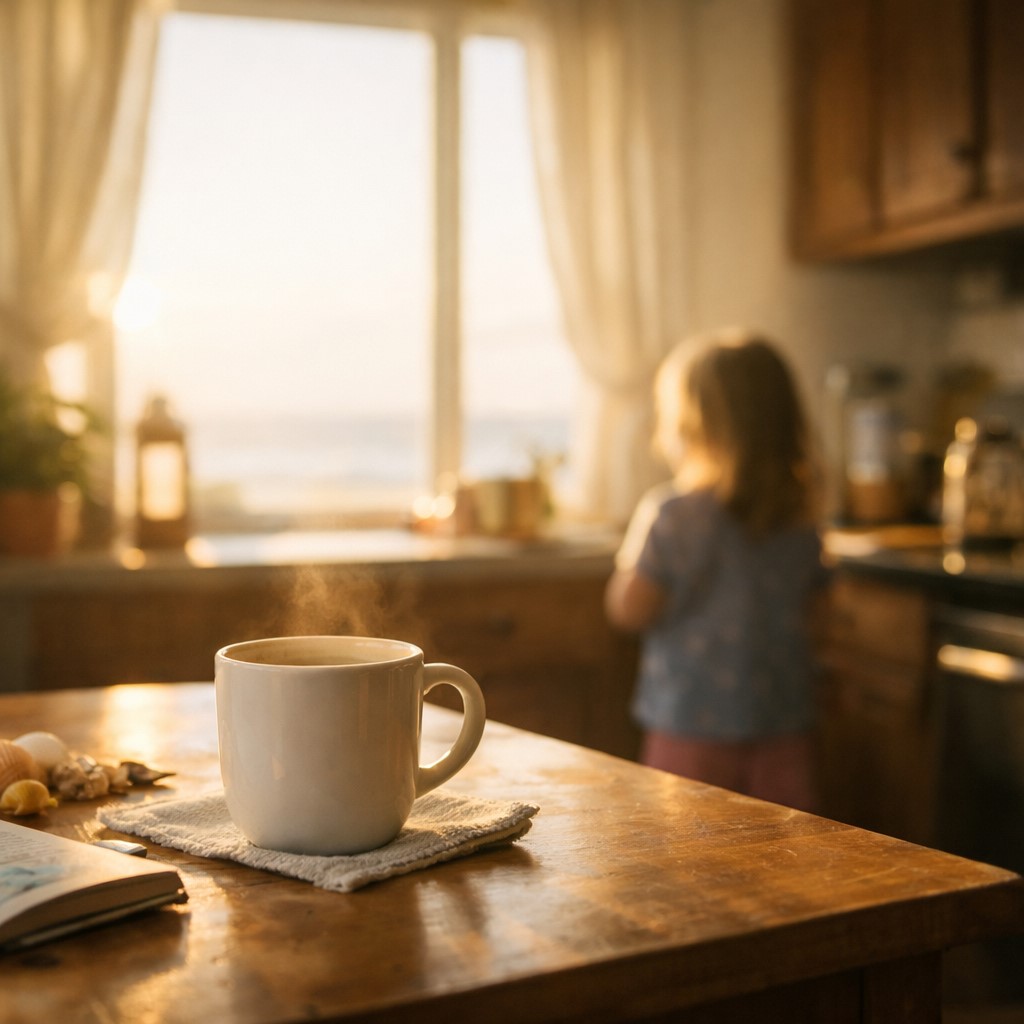 Luz suave da manhã entrando pela janela de uma cozinha simples, com xícara de café sobre a mesa, transmitindo clima de calma e acolhimento.