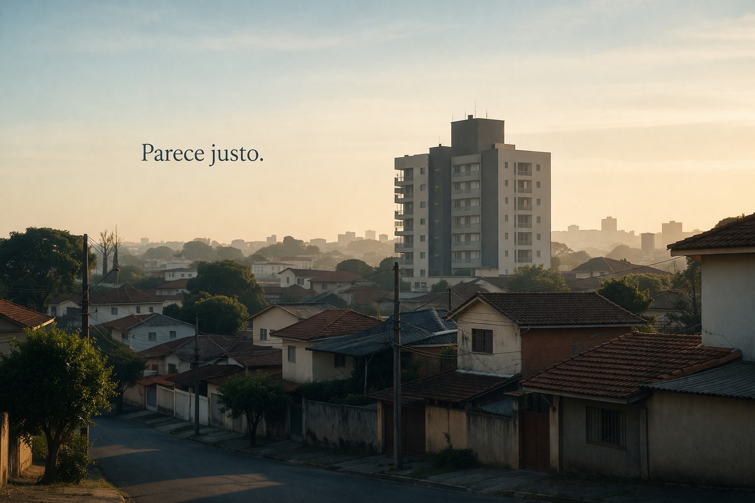Cena urbana simples com casas e um prédio ao fundo, representando sistemas que parecem organizados, mas podem esconder desigualdades.