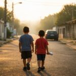 Dois meninos caminhando na rua no final da tarde