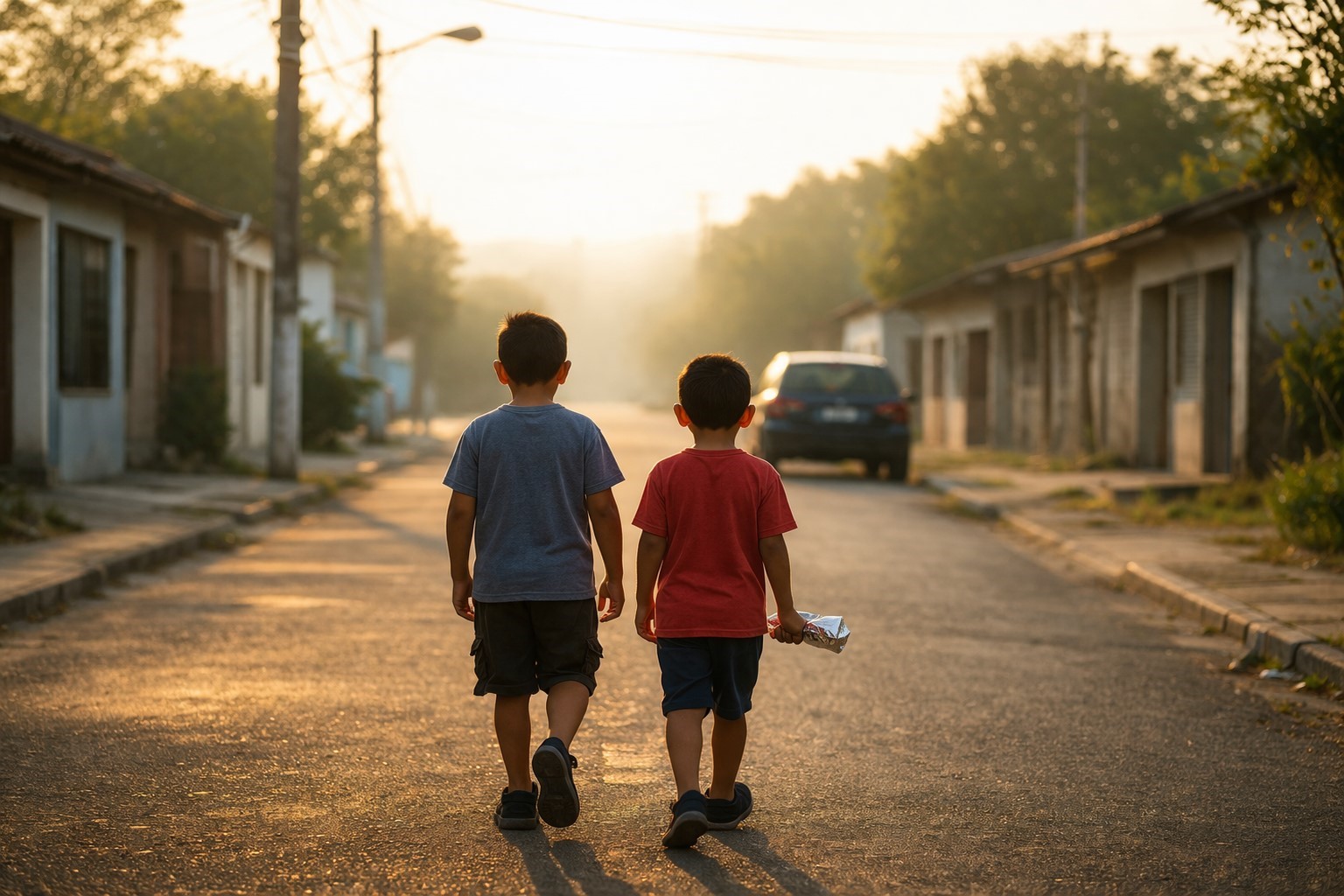 Dois meninos caminhando na rua no final da tarde