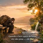 Um homem sentado, cansado, carregando grande peso, ao lado de uma fonte tranquila.