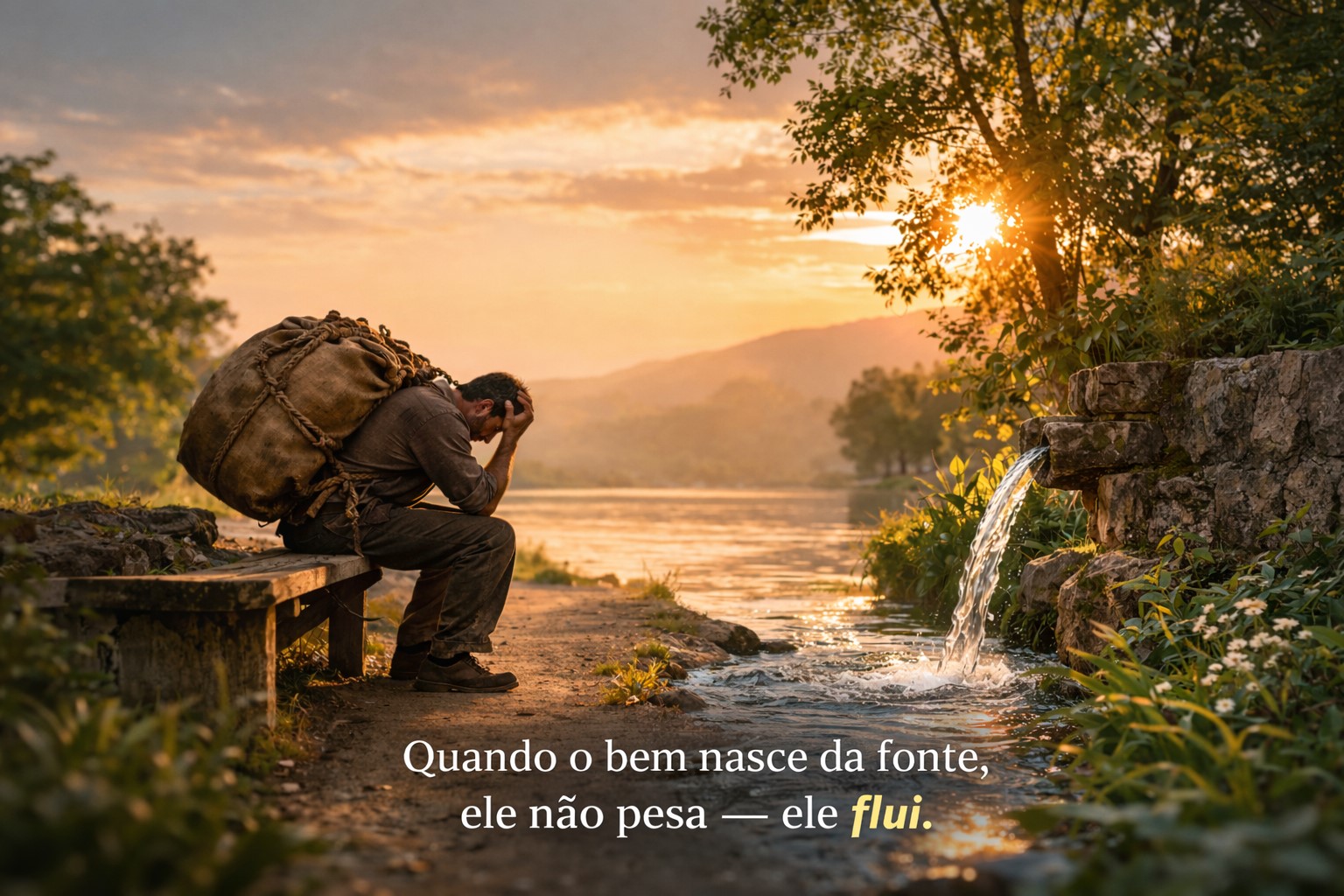 Um homem sentado, cansado, carregando grande peso, ao lado de uma fonte tranquila.