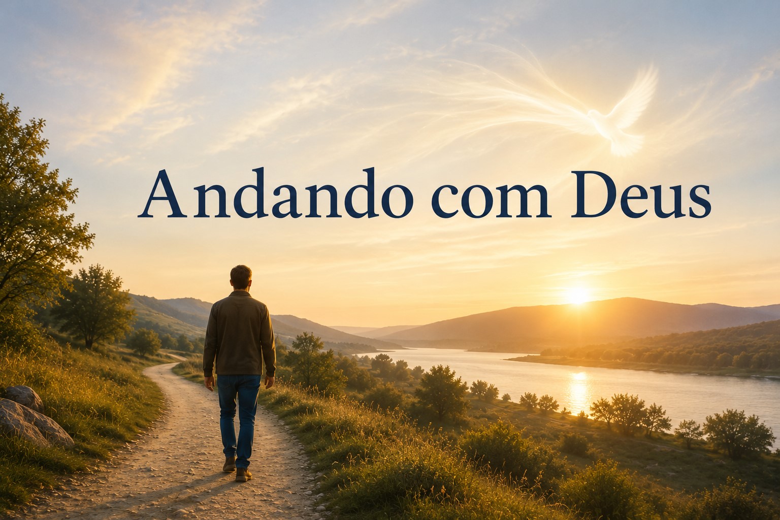 Homem caminhando com a presença se uma pomba branca