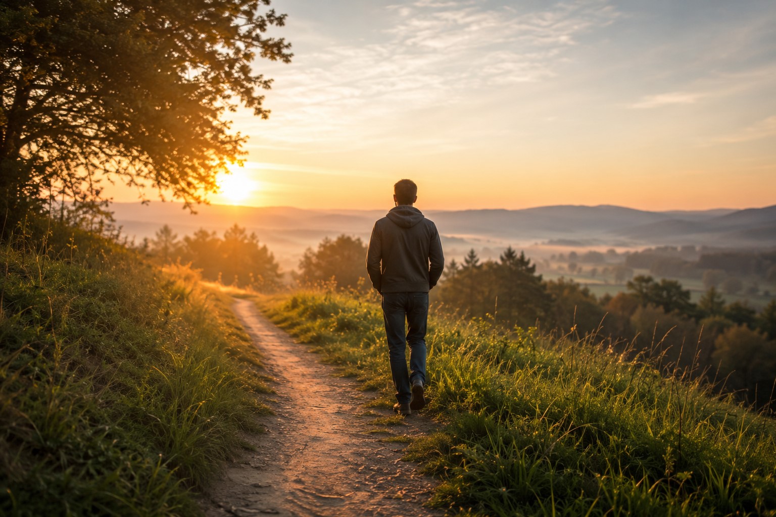 Homem em caminho sereno ao amanhecer