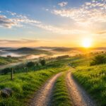 Estrada de terra ao amanhecer no campo e sol nascendo