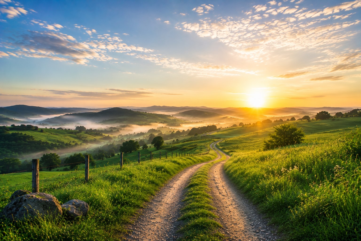 Estrada de terra ao amanhecer no campo e sol nascendo