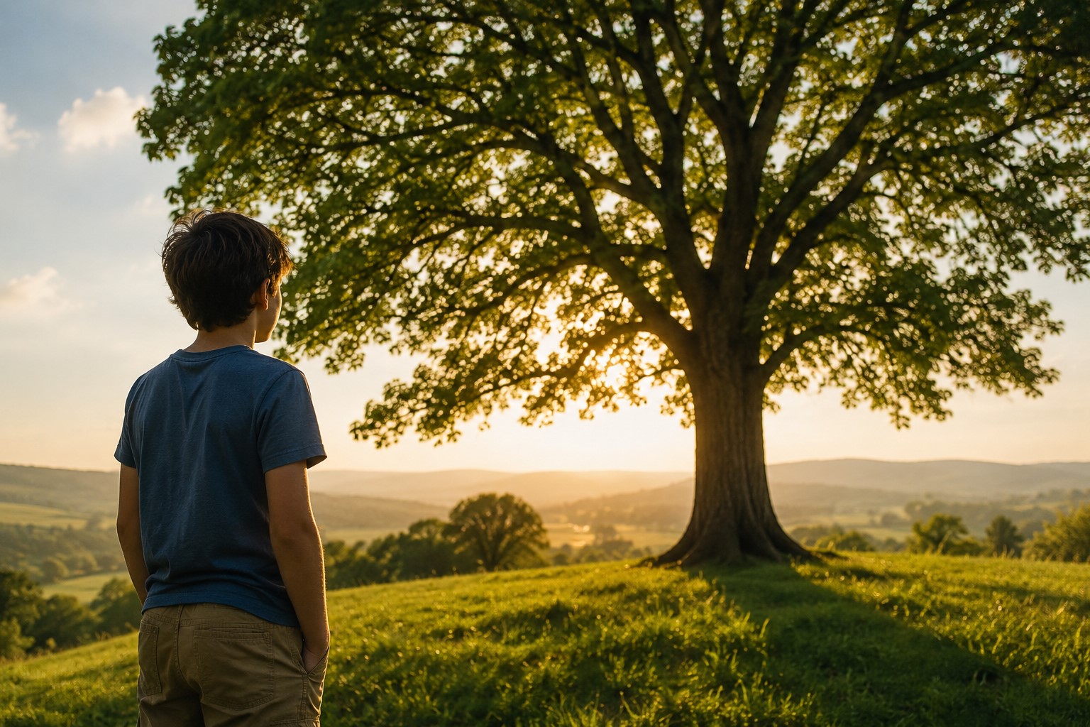 Uma criança ou pré-adolescente olhando para uma árvore grande ao amanhecer, com luz suave atravessando as folhas