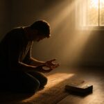 Homem ajoelhado e luz dourada