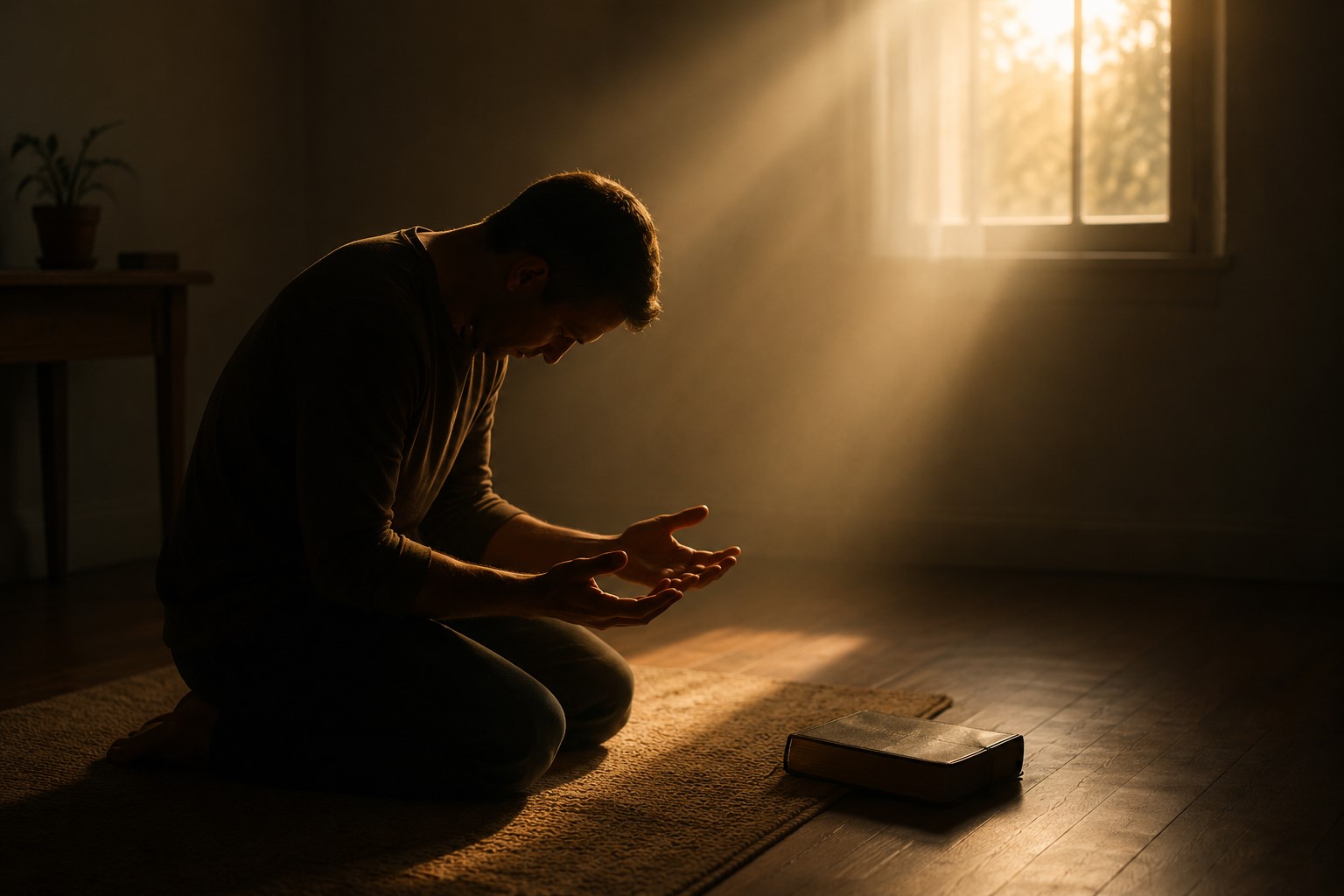 Homem ajoelhado e luz dourada