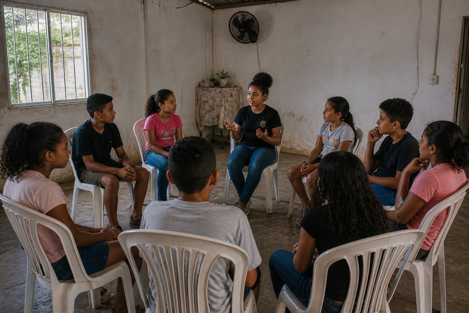 Reunião informal com jovens em sala simples