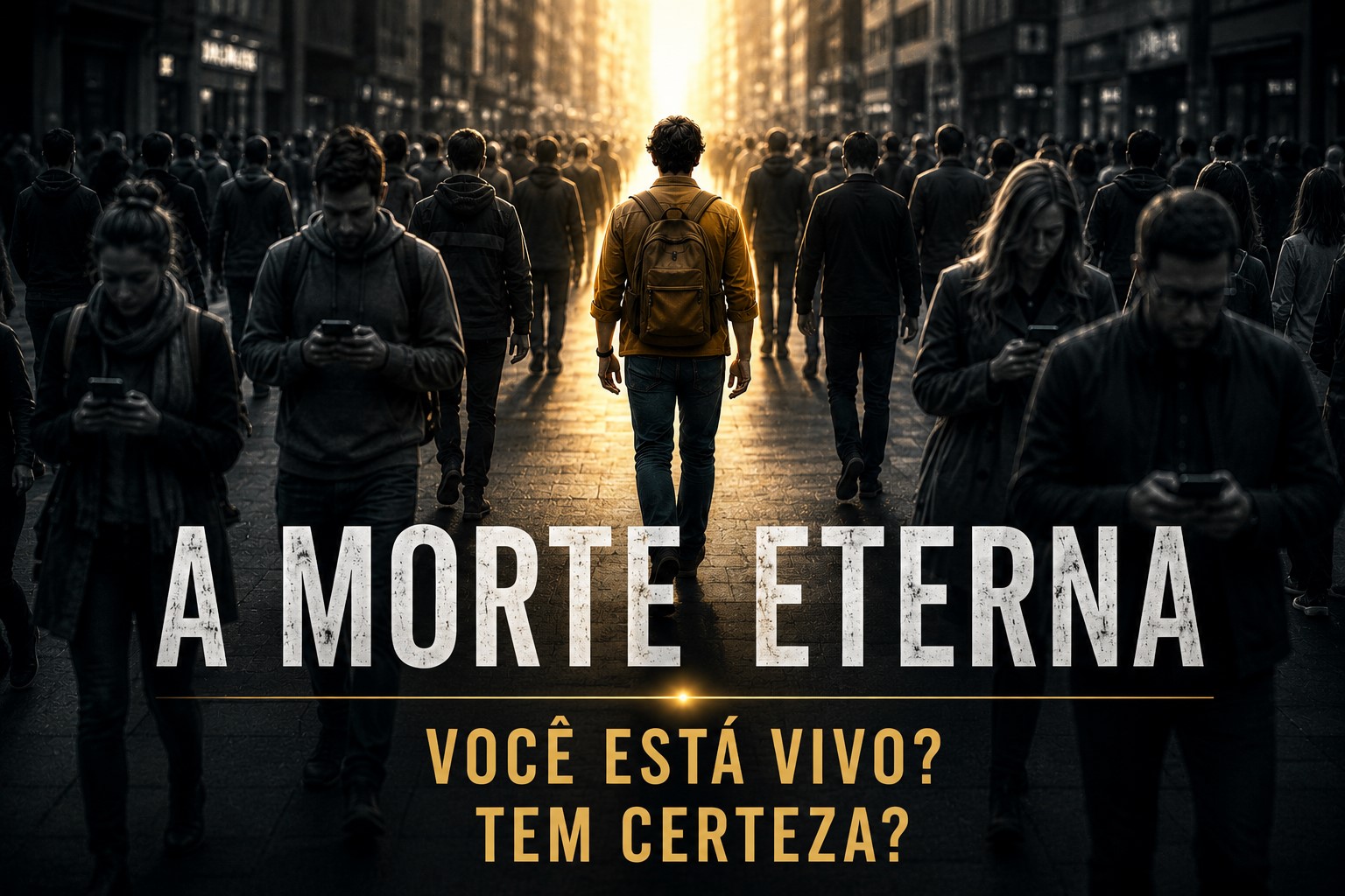 Pessoa caminhando entre muitas que olham para o celular