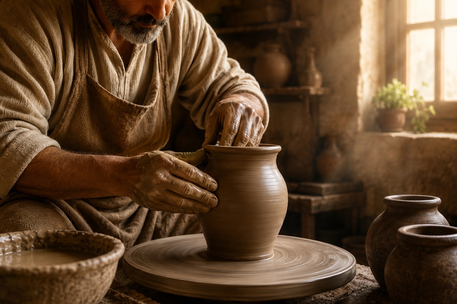 No ateliê de cerâmica artesanal moldando um vaso de barro