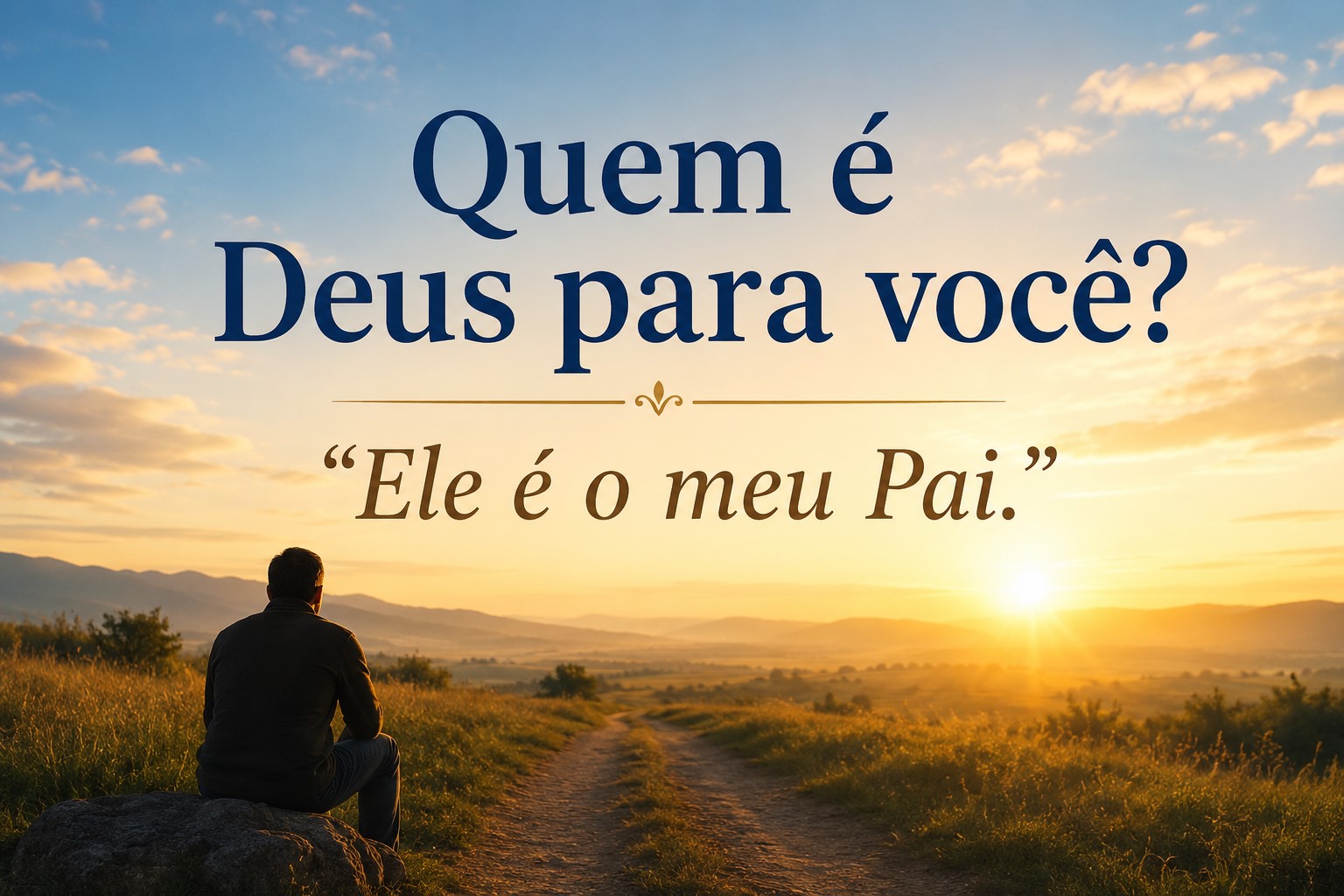 Pessoa sentada em estrada olando para o horizonte, e a pergunta: Quem é Deus para você?