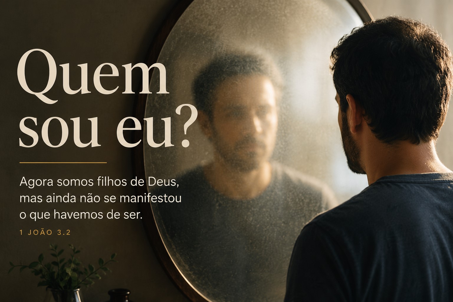 Pessoa observando seu reflexo em um espelho embaçado, representando a busca pela identidade, autoconhecimento e transformação espiritual.