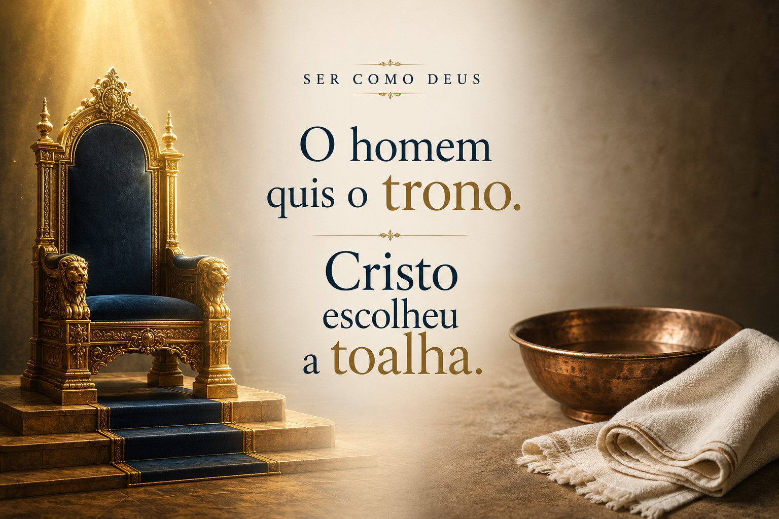 Um trono vazio, uma bacia e uma toalha, revelando o contraste ao ser como Deus