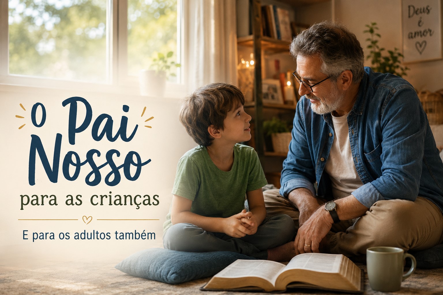 Um pai ensinado seu filho a orar o Pai Nosso