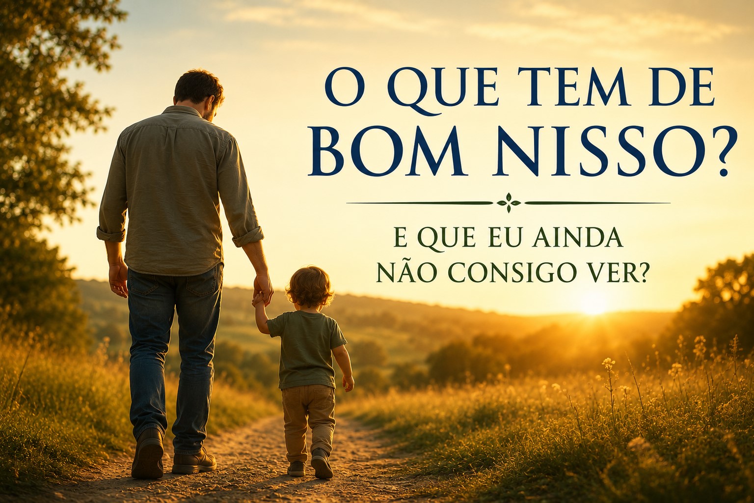 Criança caminhando de mãos dadas com o pai em uma trilha iluminada pela luz da manhã, representando a confiança, a comunhão e a busca do Senhor.