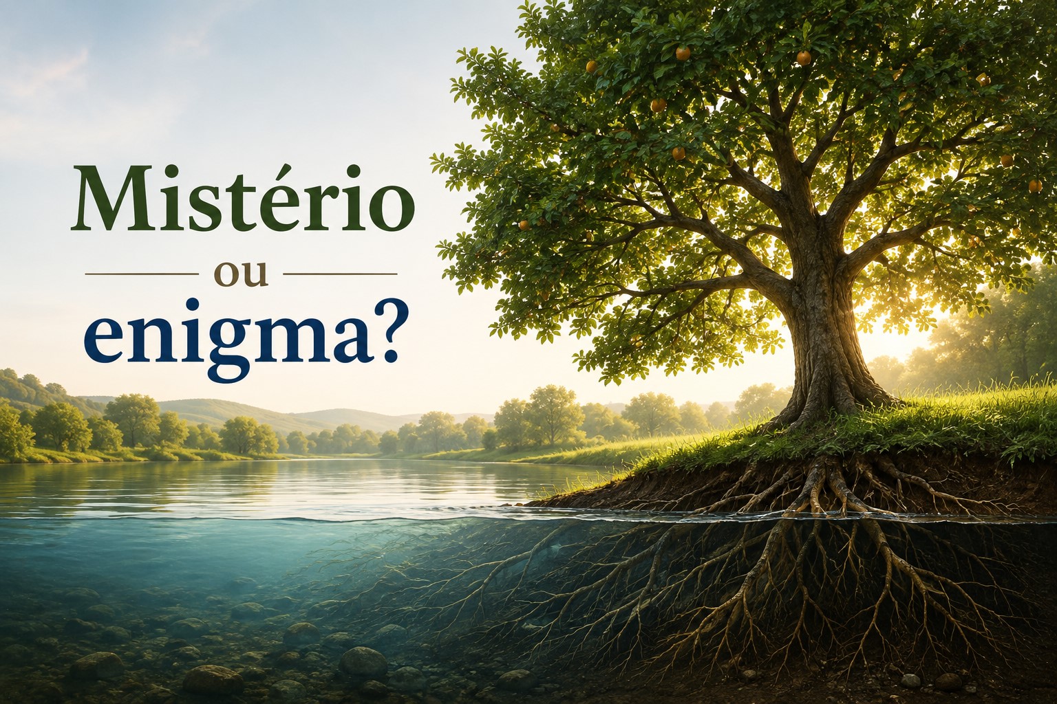 Mistério ou Enigma? uma árvore na beira de um rio com suas raízes dentro da água.