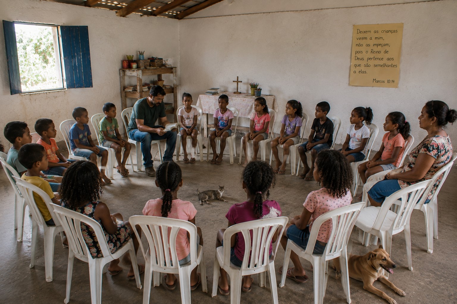 Um adulto lendo a Bíblia para crianças em uma roda de cadeiras