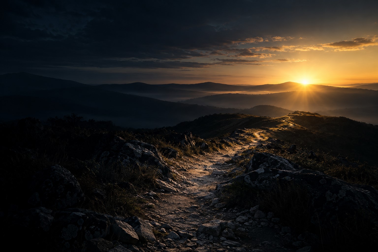 Luz surgindo na escuridão — Jesus, o Nome Trilha Rochosa ao Amanhecer nos Alpes.