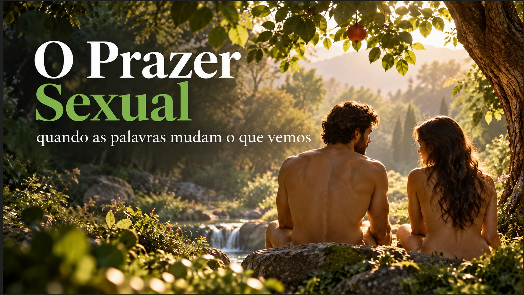 homem e mulher nus, de costas, sentados na mata